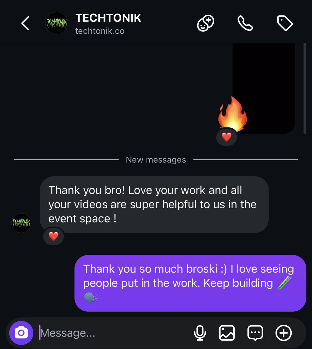 Techtonik: Love your work and all your videos are super helpful to us in the event space!